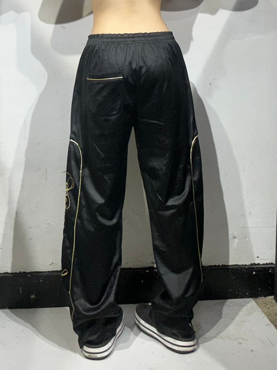 일본 빈티지 블랙 와이드 자수 레터링 팬츠 S 상품이미지3