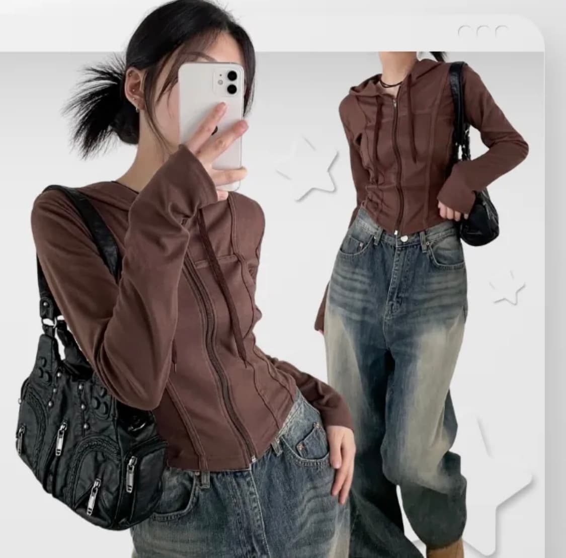 슬림핏 크롭 브라운 후드집업 상품이미지1