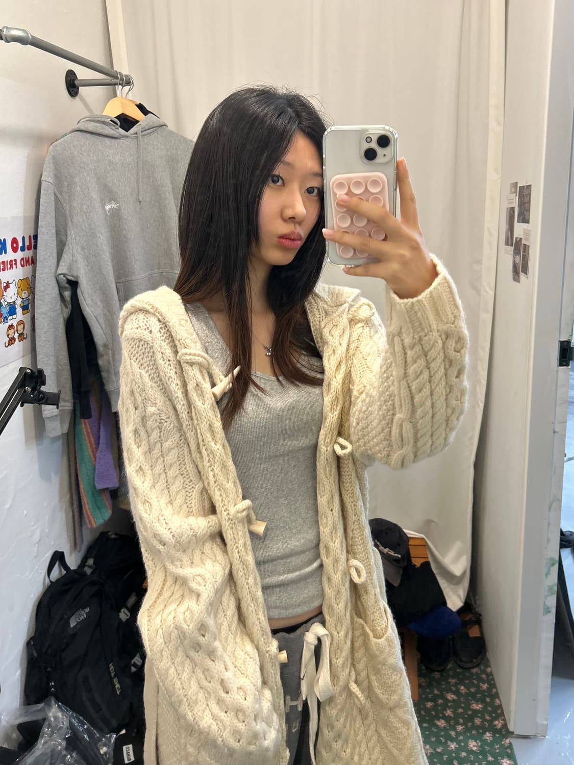 케이블 후드 니트 가디건 롱기장 상품이미지1