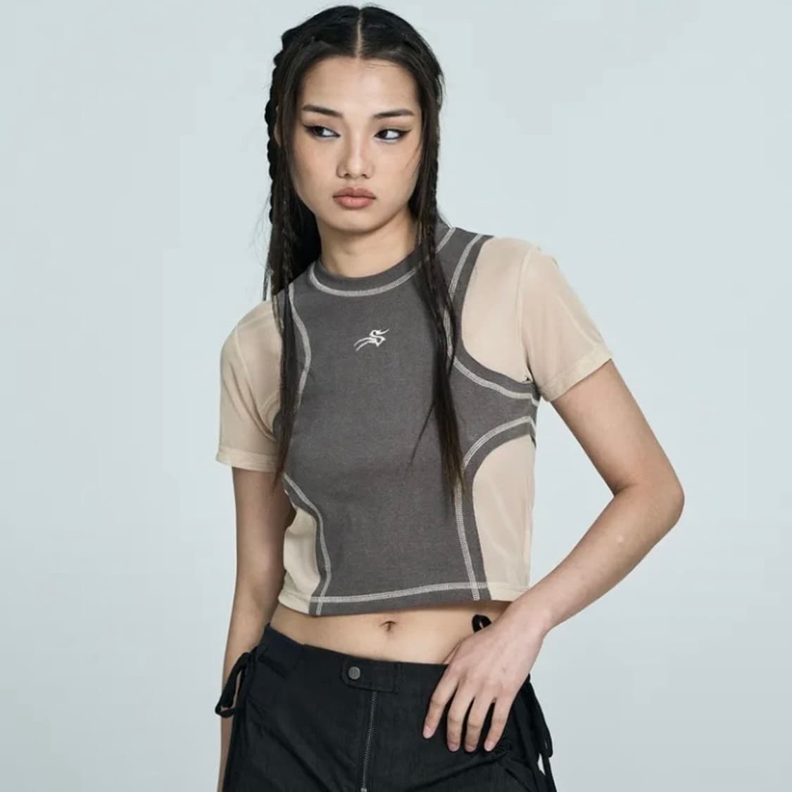 셋업이엑스이 setupexe 엣지 메쉬 크롭탑 반팔티 브라운 상품이미지1