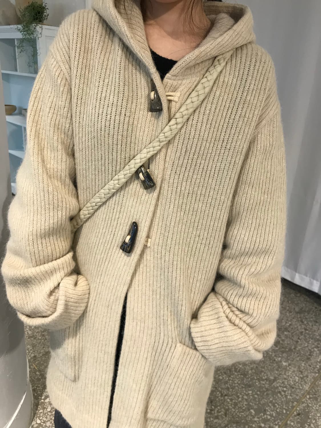 오트밀 니트 후드 코트 상품이미지4