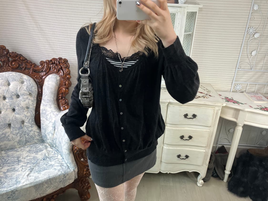 Set) 블랙 프릴 가디건 + 스트라이프 레이스 나시 상품이미지3