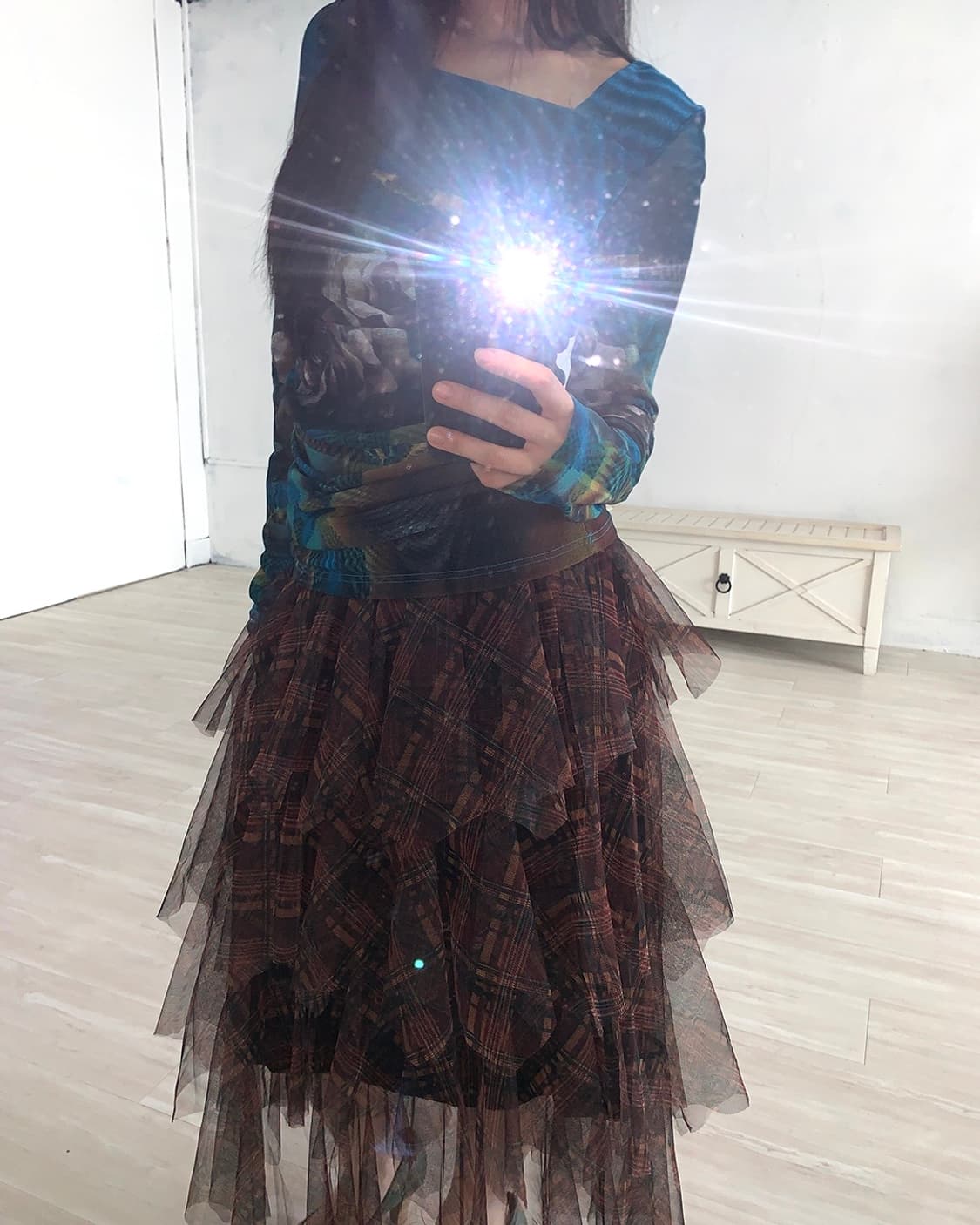Brown Check Mesh Tiered Skirt 상품이미지2