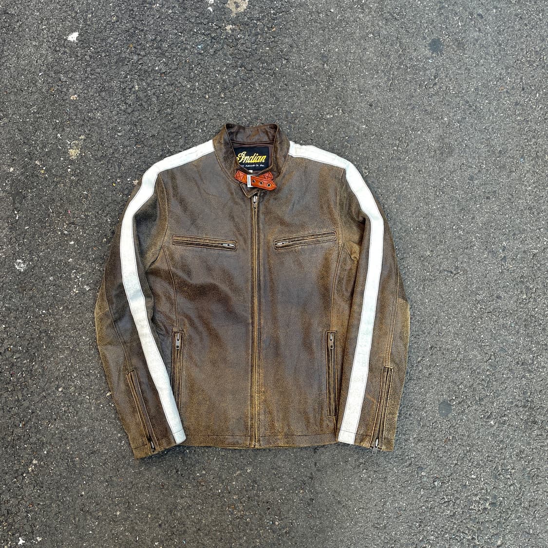 90s 인디언 모터사이클 워싱 브라운 리얼 레더 싱글 라이더 가죽 자켓 상품이미지1