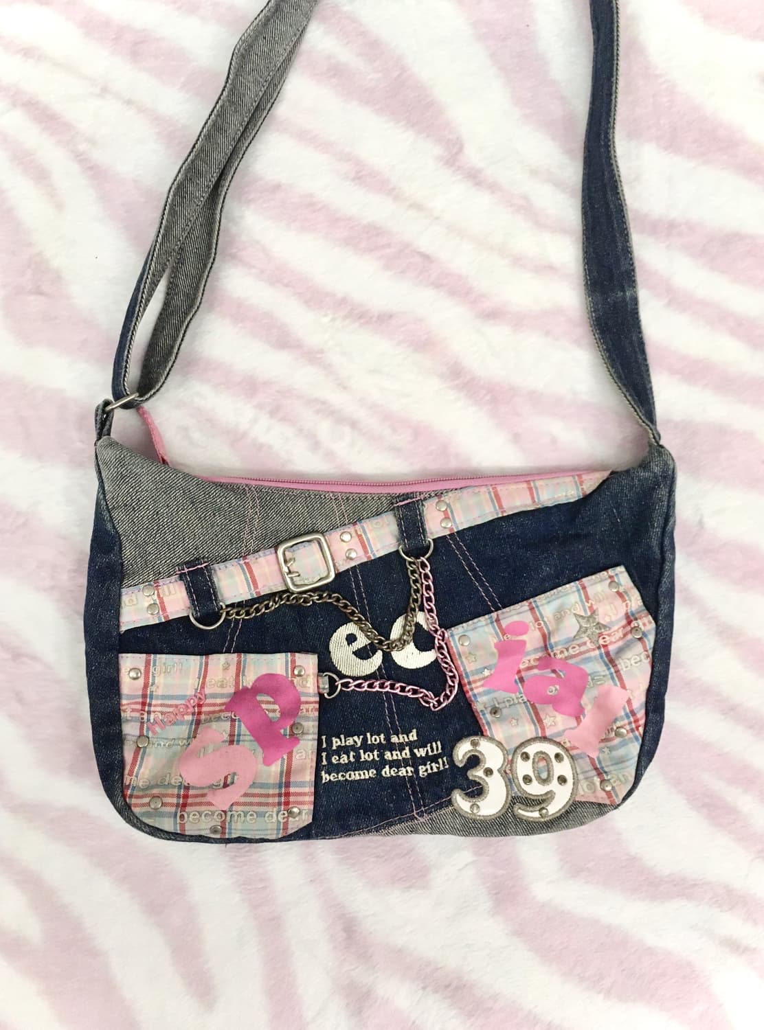 헤이세이 데님 체크 레터링 숄더백 핀터레스트 갸루 키치 상품이미지1
