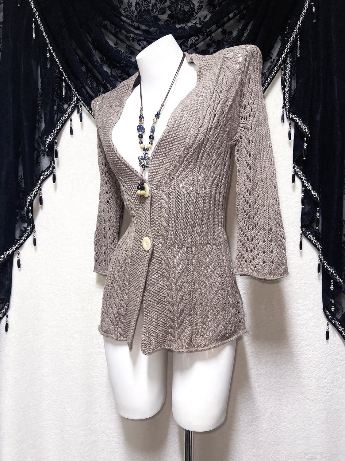 라떼갸루 모리걸 브라운 빈티지 니트 뜨개 가디건 7부 페어리 00s 핀터 상품이미지1