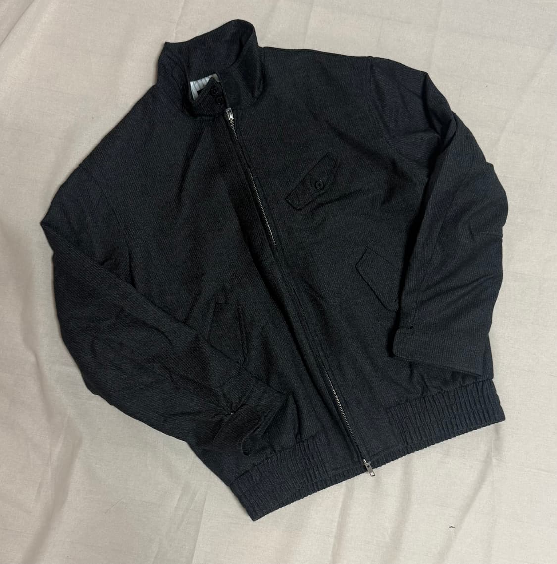 Stu 하이넥 스트라이프 울 해링턴 자켓 다크그레이 상품이미지1