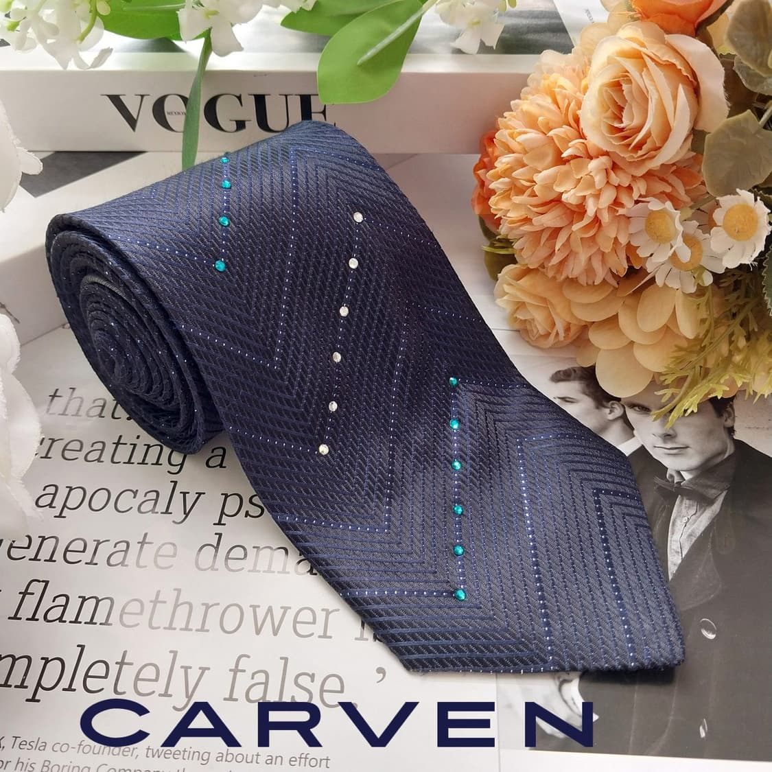 까르뱅 실크 네이비 헤링본 패턴 넥타이 9.2cm A+등급 K2107 상품이미지2