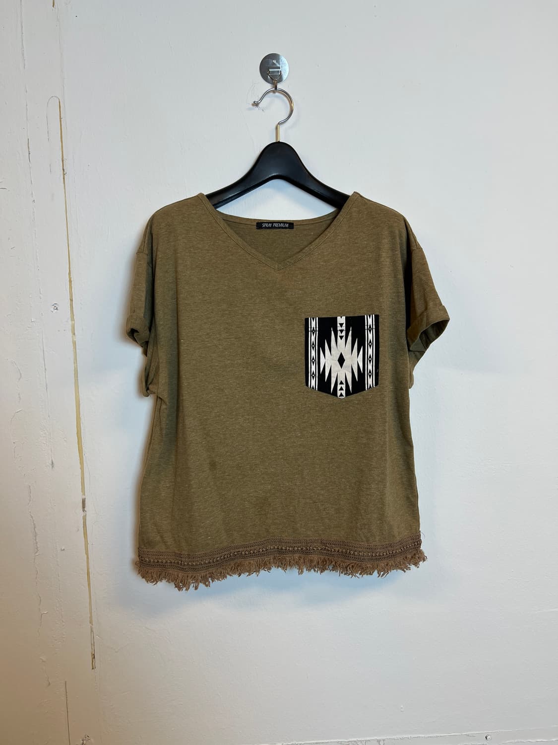 T091 JPN 빈티지 카키 포켓디테일 브이넥 반팔티셔츠 M 상품이미지1