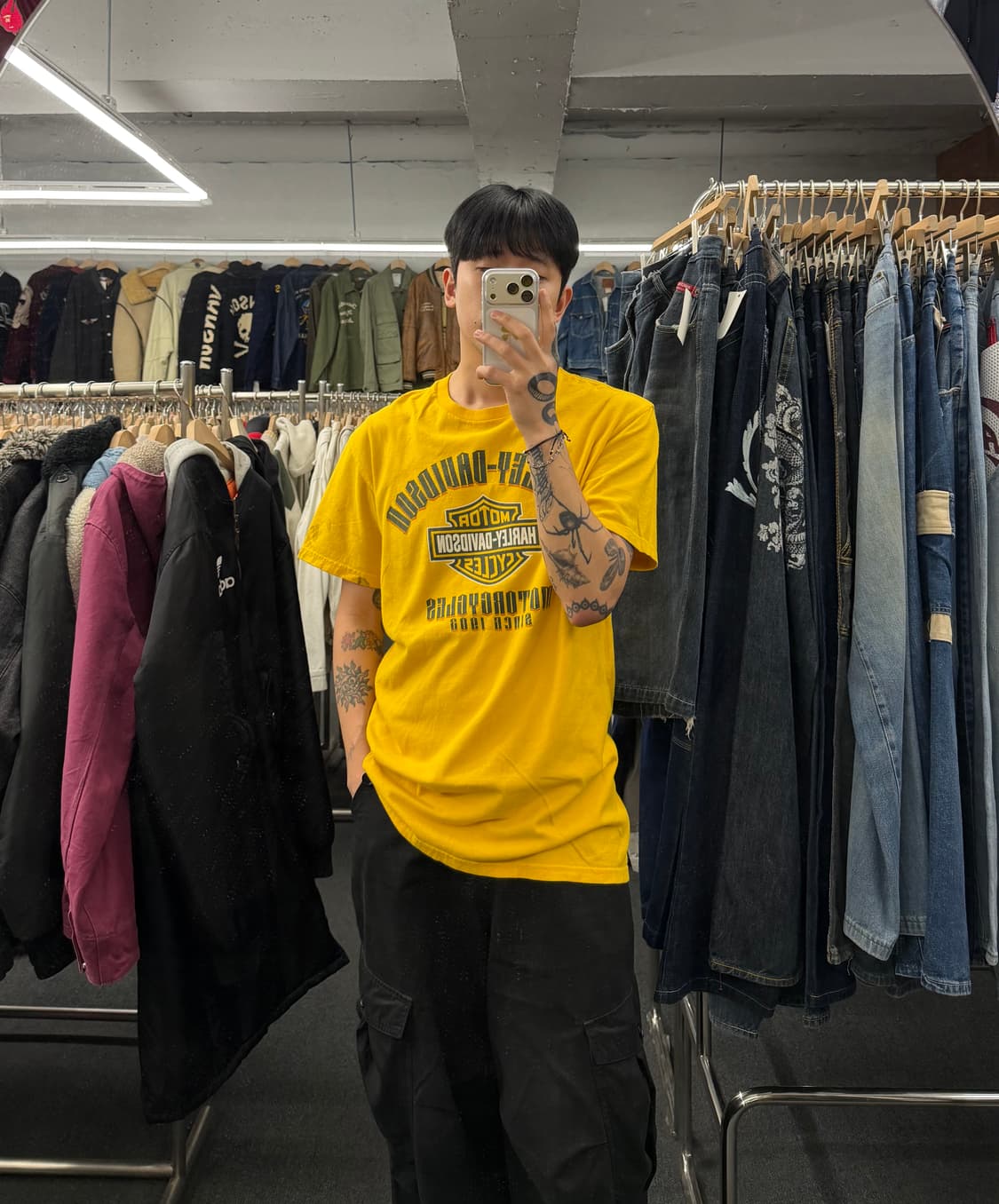 L) 할리데이비슨 빈티지 번호판 프린팅 옐로우 반팔 티셔츠 상품이미지1