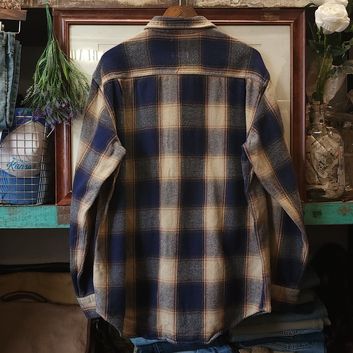 90s 아메리칸 빈티지 체크셔츠 헤비 플란넬 워크셔츠 빅체크 블루 L 상품이미지2