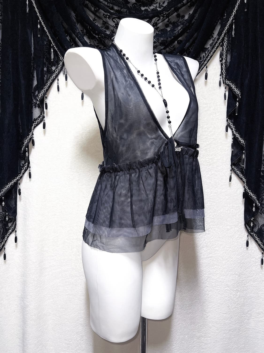 로맨틱고딕 오리엔탈 고스펑크 다크페어리 블랙시스루 프릴 조끼 베스트 상품이미지3