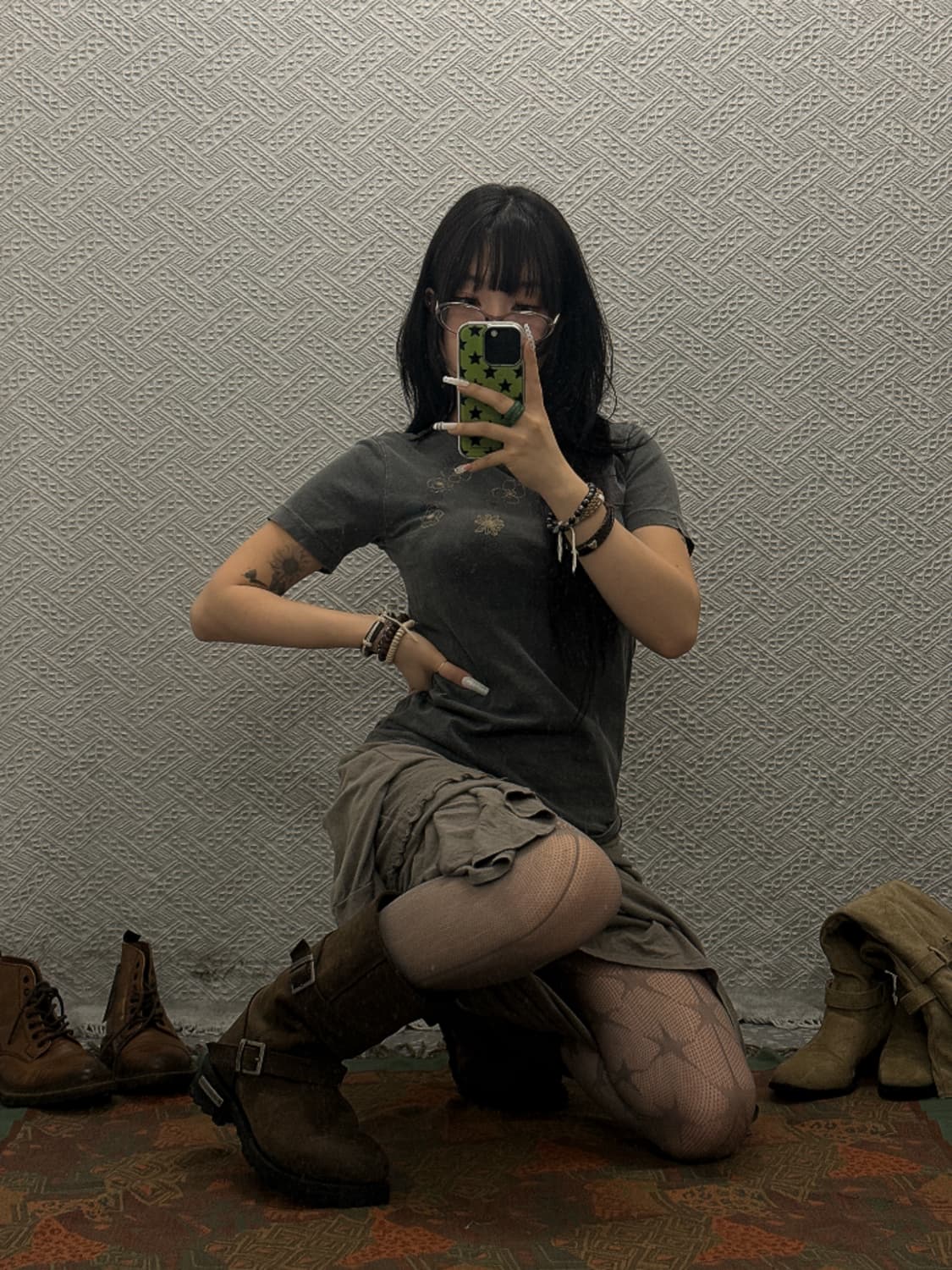 빈티지 보헤미안 히피 플라워 프린팅 딱붙핏 반팔티 K0050 상품이미지1