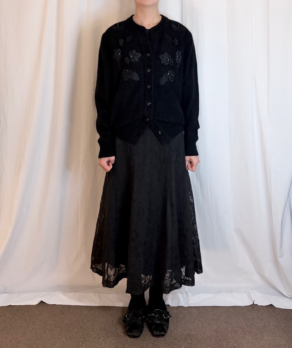 Sheer Pattern Long Skirt - Black 상품이미지3