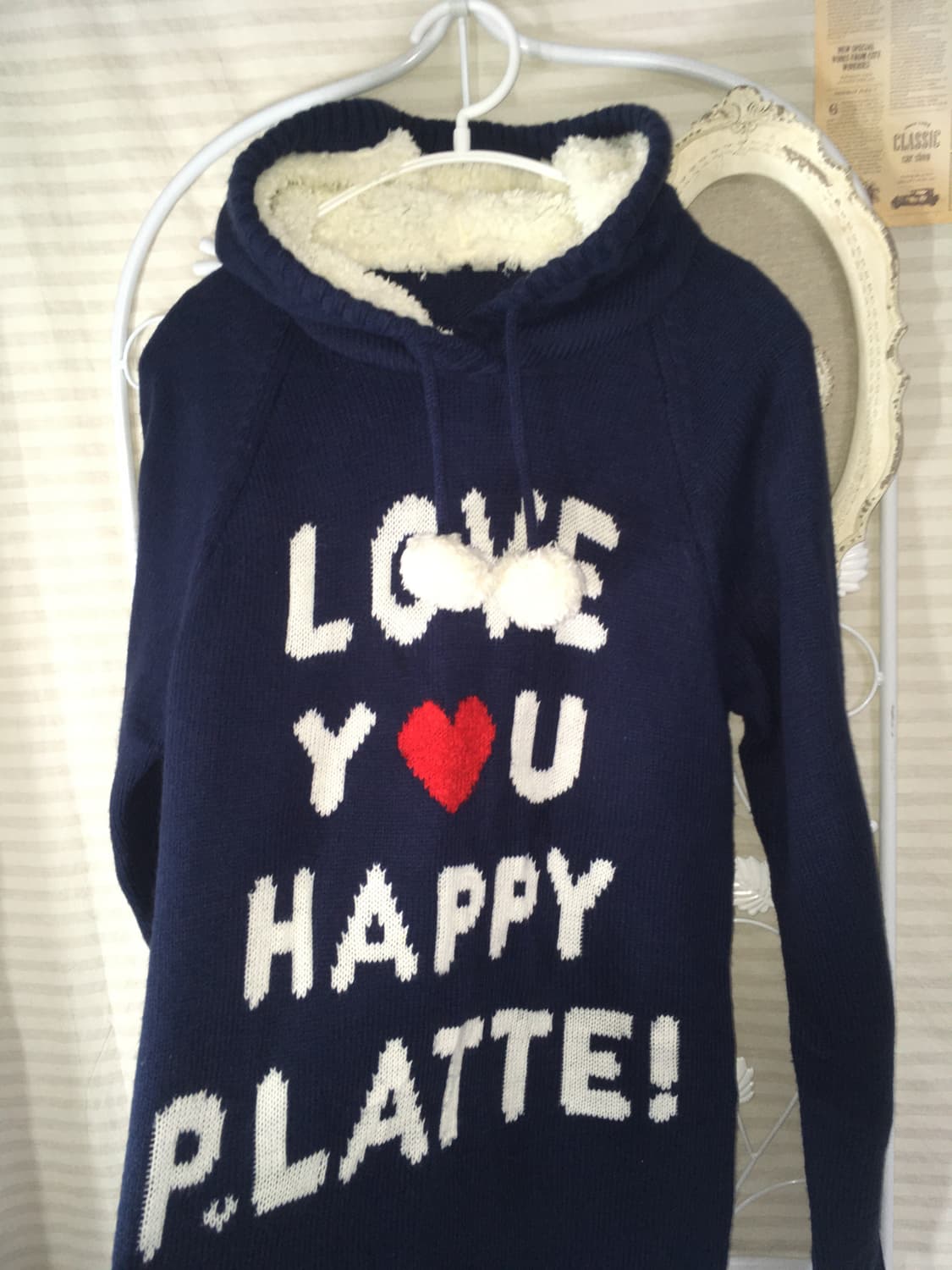 일본빈티지 네이비 후드 퍼 폼폼이 니트 원피스 상품이미지2