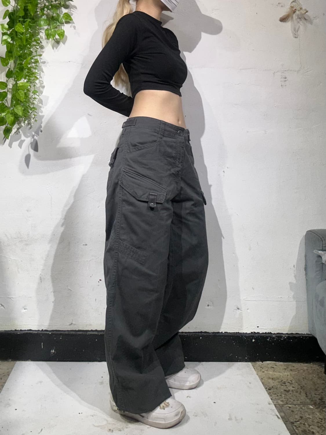 일본 빈티지 차콜 와이드 허리 스트랩 카고 데님 팬츠 건빵 바지  상품이미지1