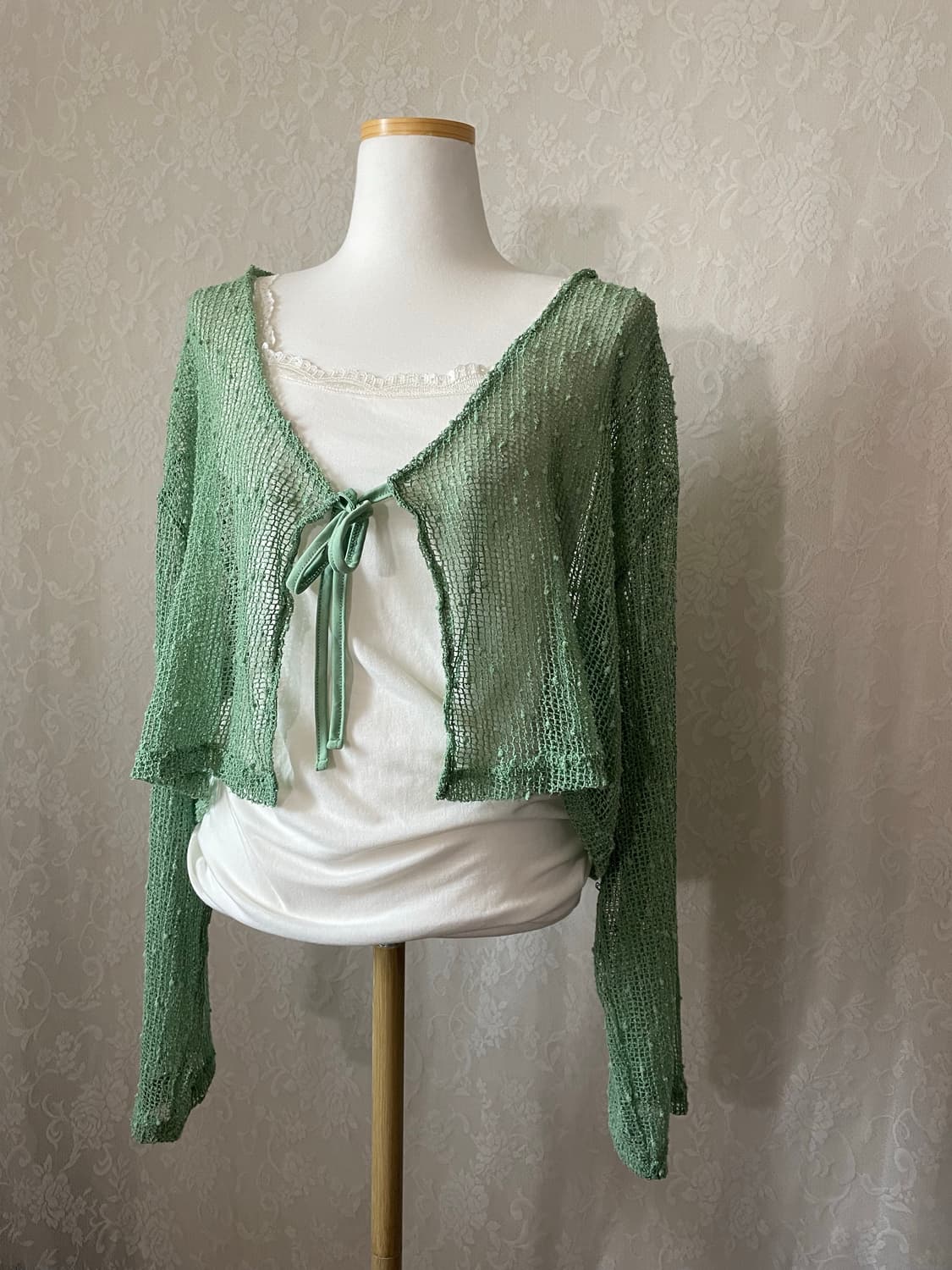 연두 시스루 니트 가디건 (리본 / 크롭 / 레이어드) 상품이미지1