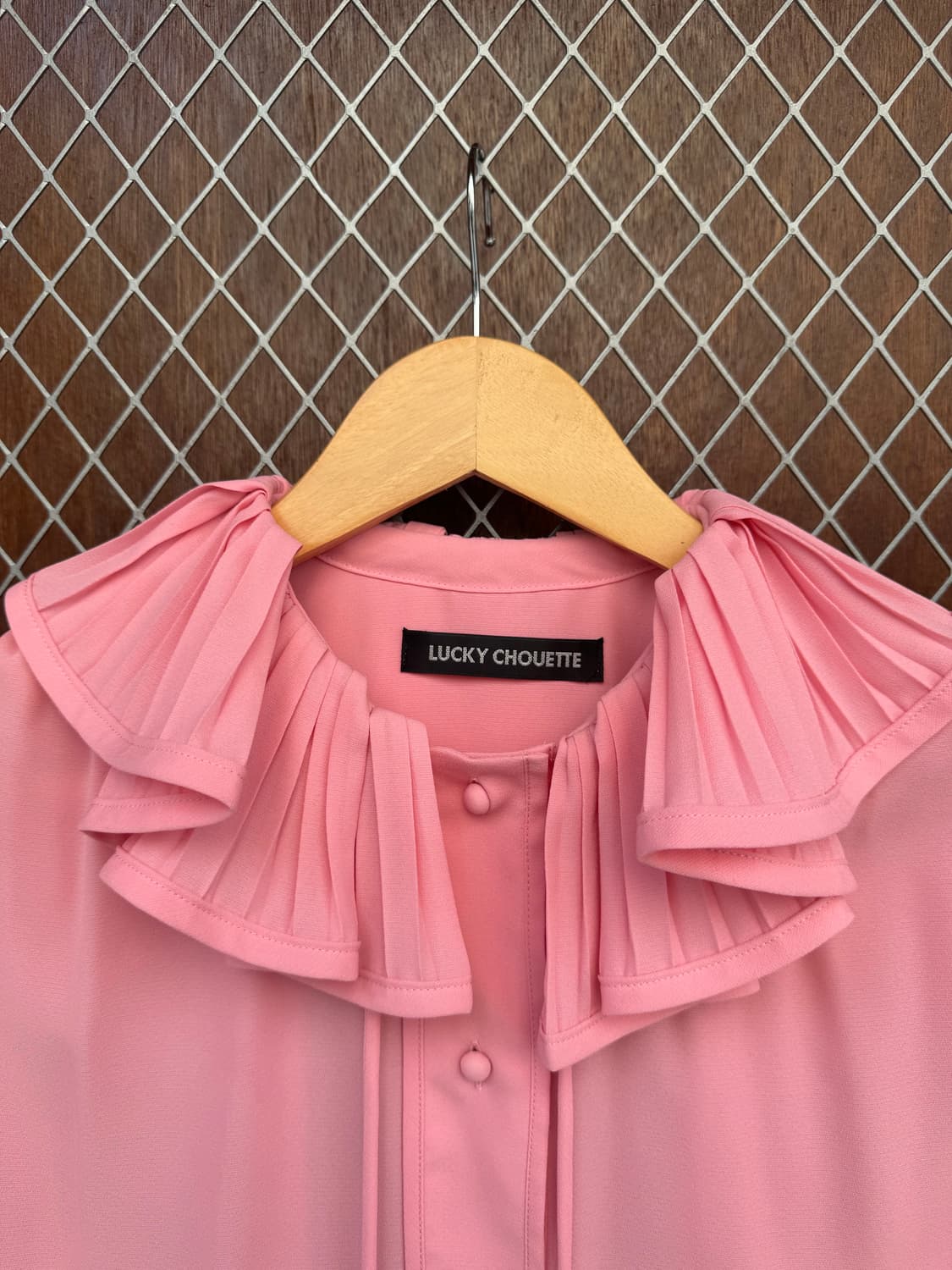 럭키슈에뜨 러플 카라 프릴 플리츠 리본 핑크 블라우스 셔츠 F 상품이미지3