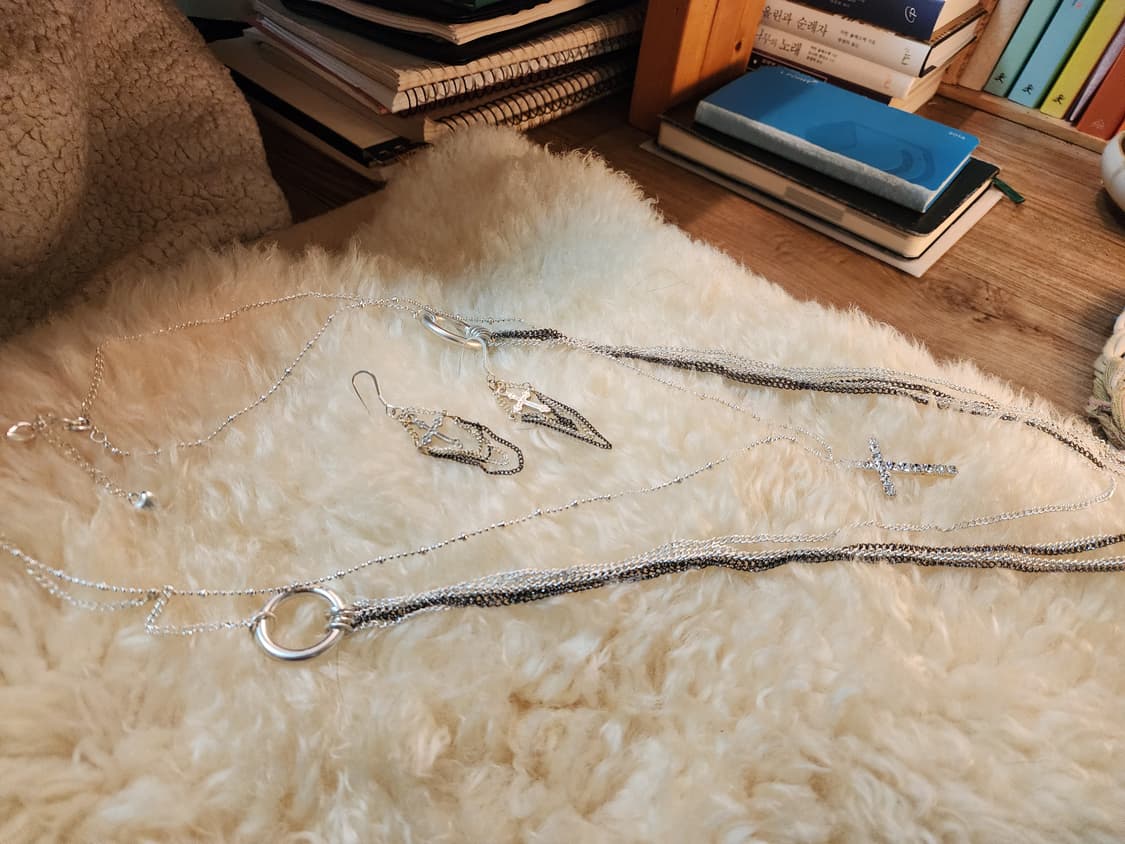 무광실버 레이어드 크로스 목걸이 귀걸이 세트 상품이미지6