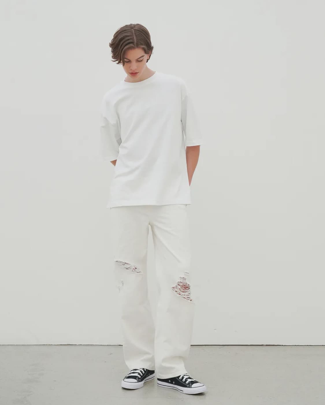 후러브스아트 세미 와이드 디스트로이드 데님 팬츠 크림 청바지 XS 상품이미지2