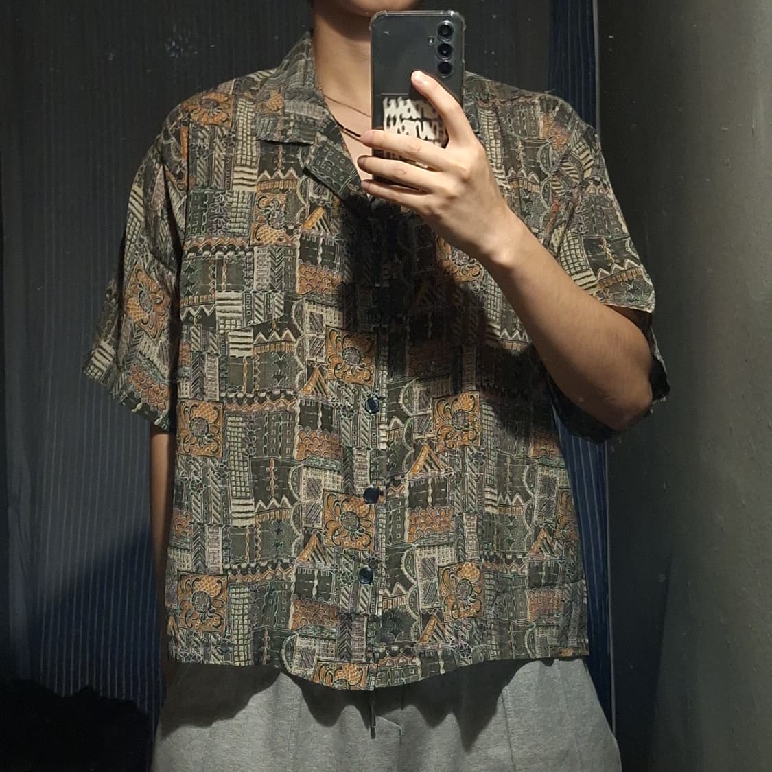 빈티지 카키 브라운 에스닉 스퀘어 패턴 하와이안 반팔셔츠 하프셔츠 L 상품이미지2