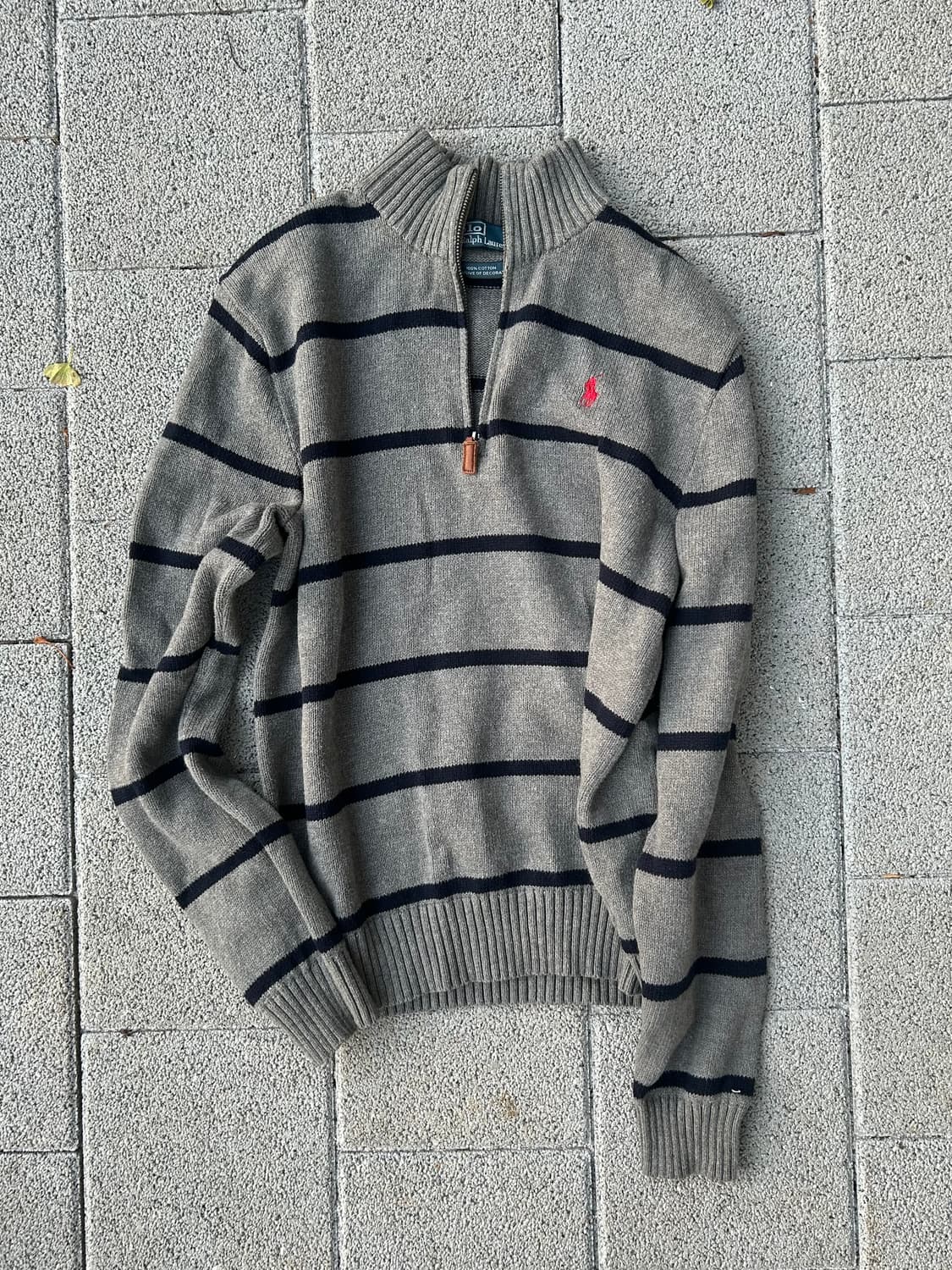 2000s polo 폴로 그레이 스트라이프 반집업 니트 상품이미지1