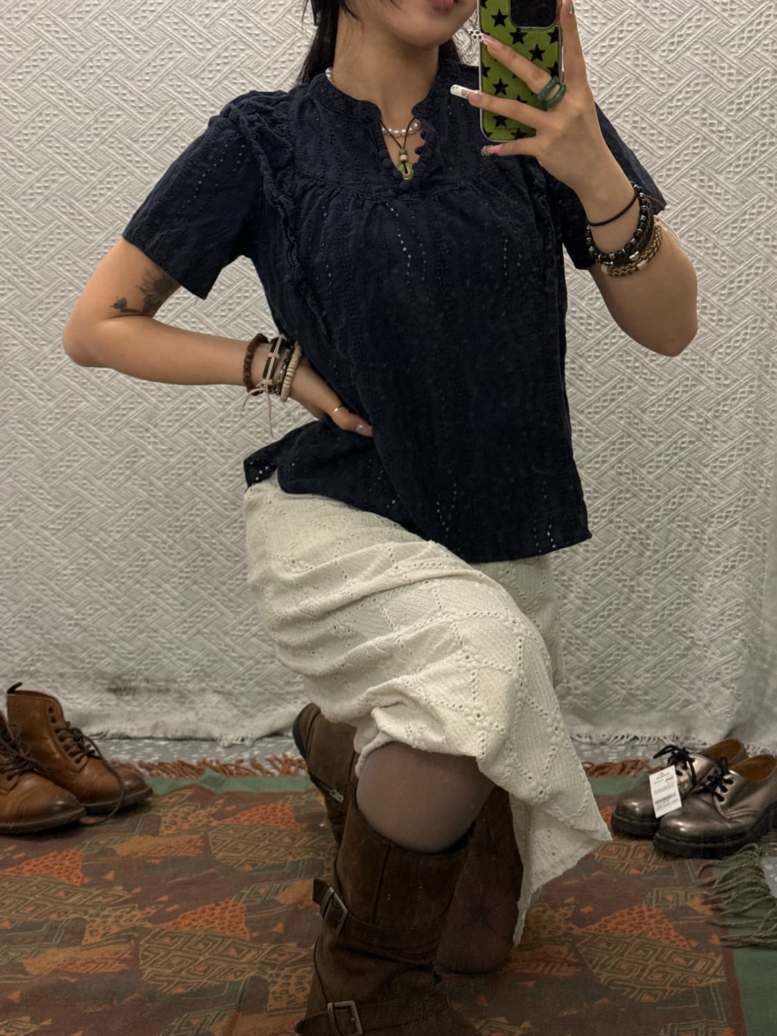 빈티지 고스 모리 펀칭 레이스 프릴 콩버튼 반팔 블라우스 K0150 상품이미지2