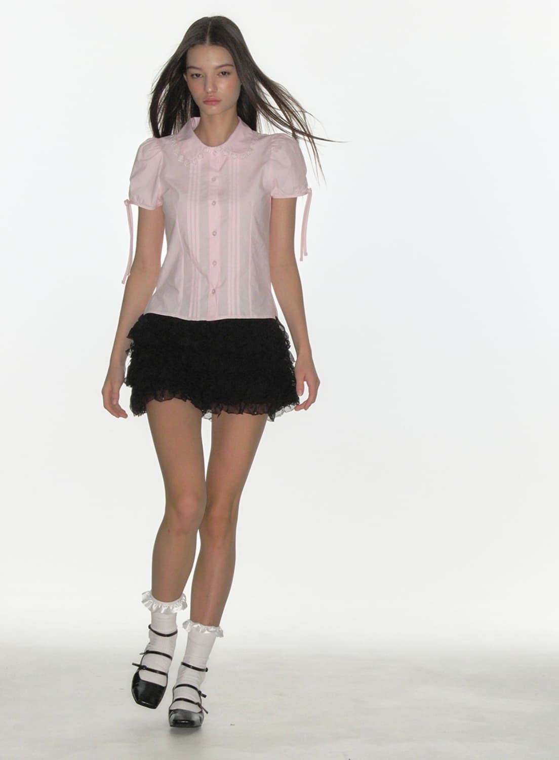 크랭크 핀턱 레이스 카라 블라우스 핑크 상품이미지2