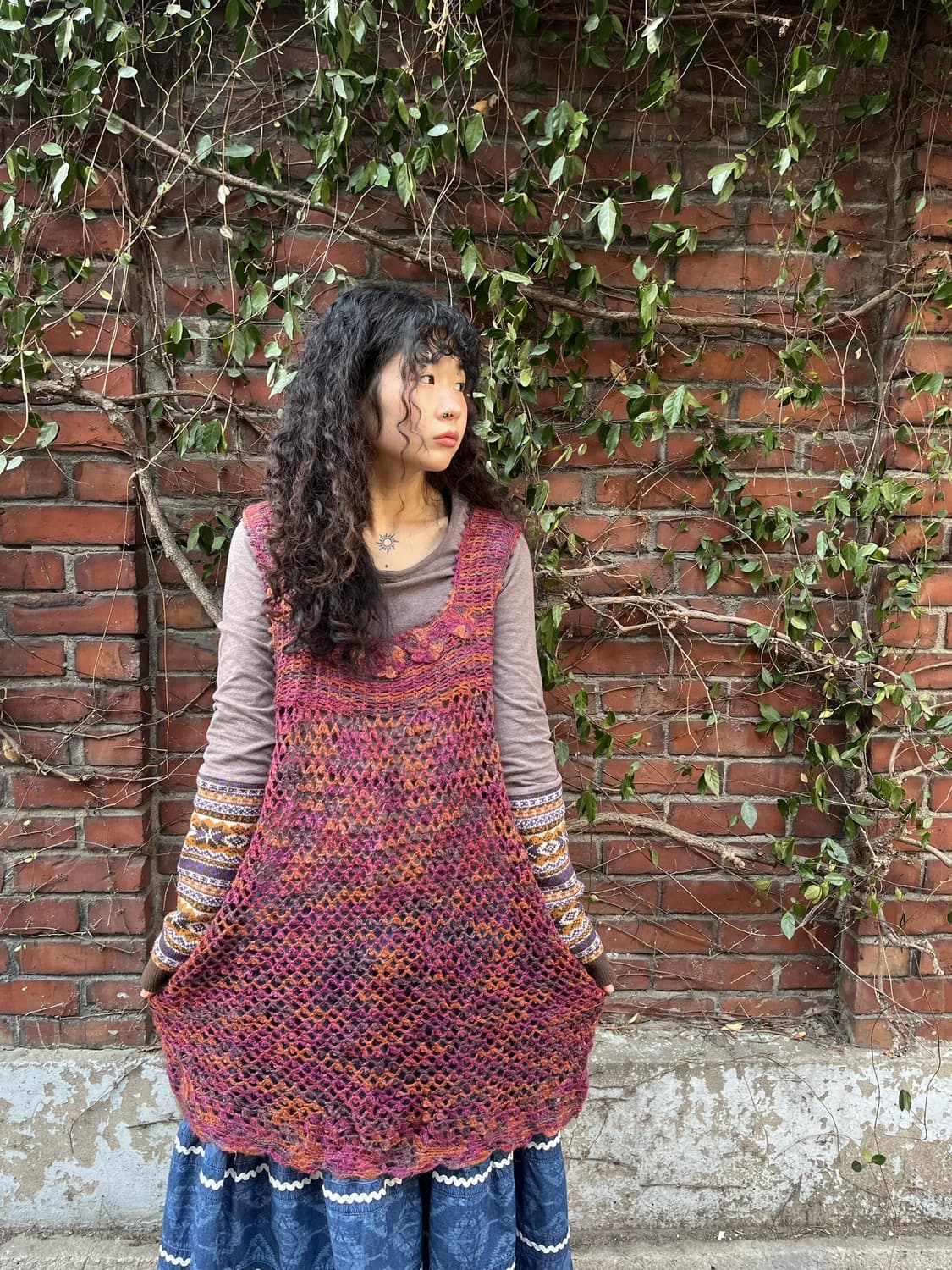 빈티지 무드 레이어두 그물 니트 원피스 상품이미지1