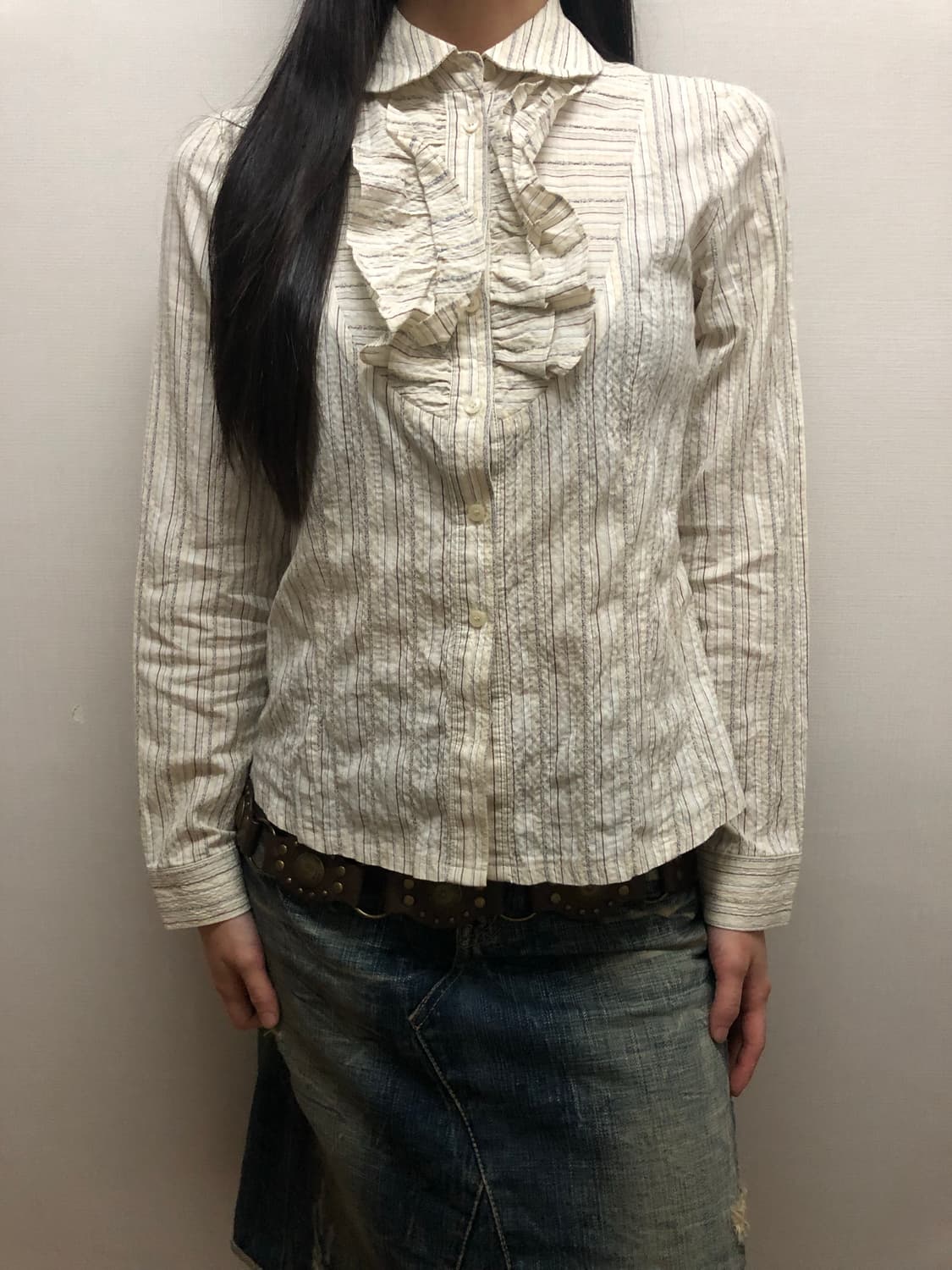 빈티지 화이트 스트라이프 프릴 블라우스 상품이미지1