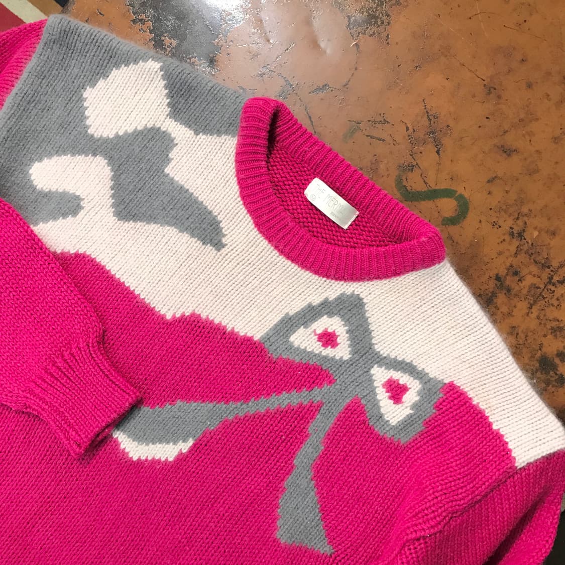 유럽 빈티지 마젠타 핑크 리본 패턴 울 스웨터 여성 오버핏 상품이미지3