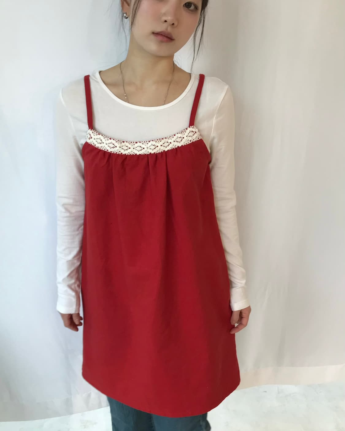 레이스 디테일 레드 원피스  상품이미지2