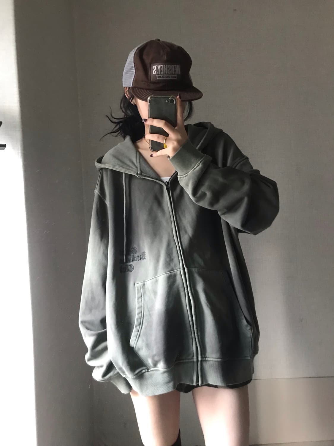 버카루 카키 오버핏 피그먼트 후드집업 상품이미지6