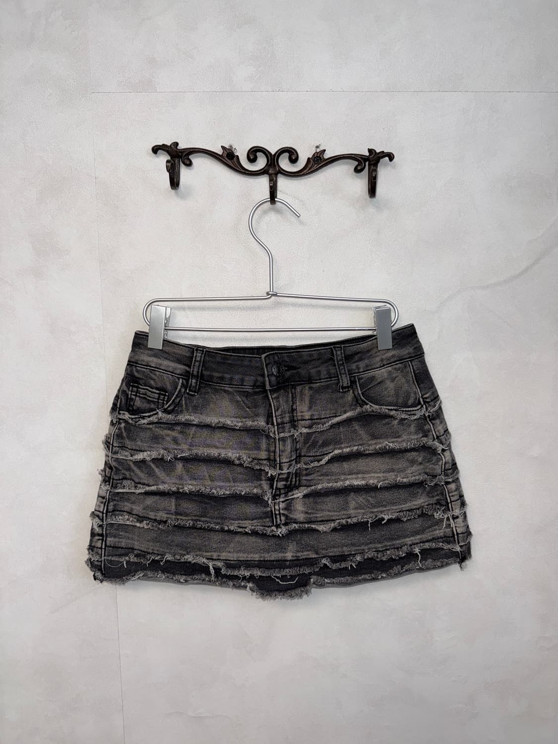 Washing black denim destroyed layered sk 상품이미지1