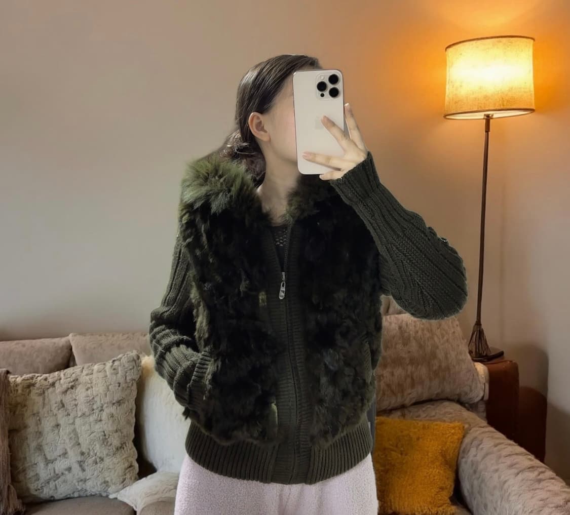 빈티지 말차티  토끼털 후드집업 큐빅 니트자켓 상품이미지7