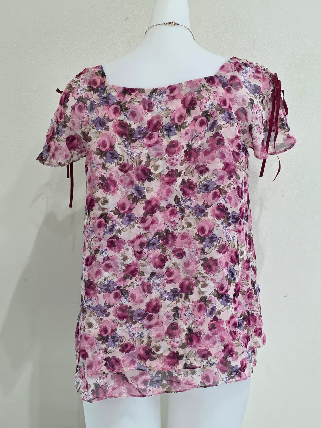 일본빈티지)핑크로즈 리본 백예린깔 쉬폰 로맨히메갸루모리걸 블라우스 상품이미지4