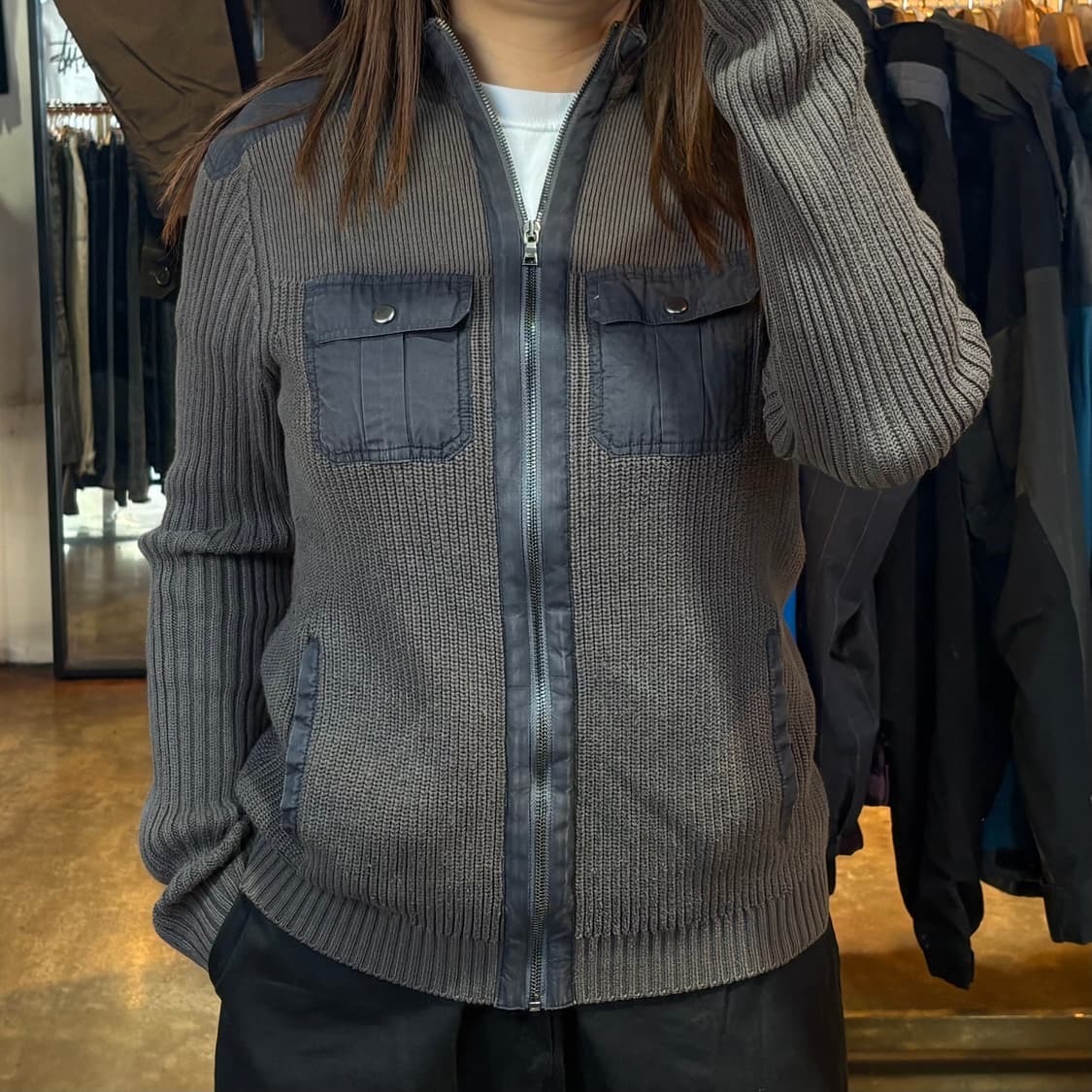 캘빈클라인 카키 골지니트 집업 상품이미지1