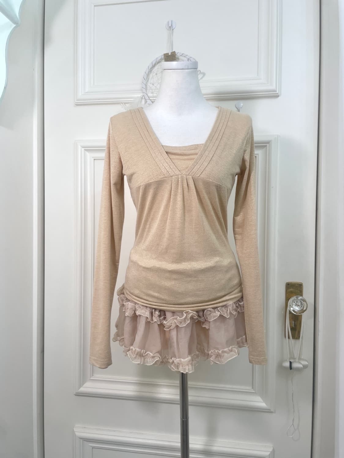 beige glitter v-neck pleats slim knit to 상품이미지1