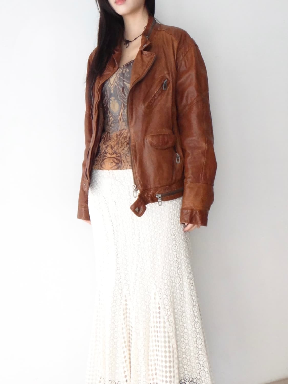 Zip aging leather jacket / orange brown 상품이미지7