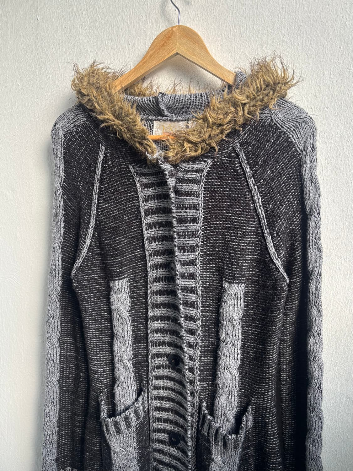 Vintage Grey Fur Hood Long Knit Cardigan 상품이미지2