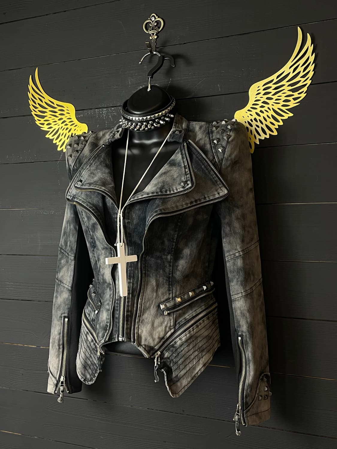 SHALANG 펑크 데님 워싱 흑청 스터드 지퍼 자켓 상품이미지2