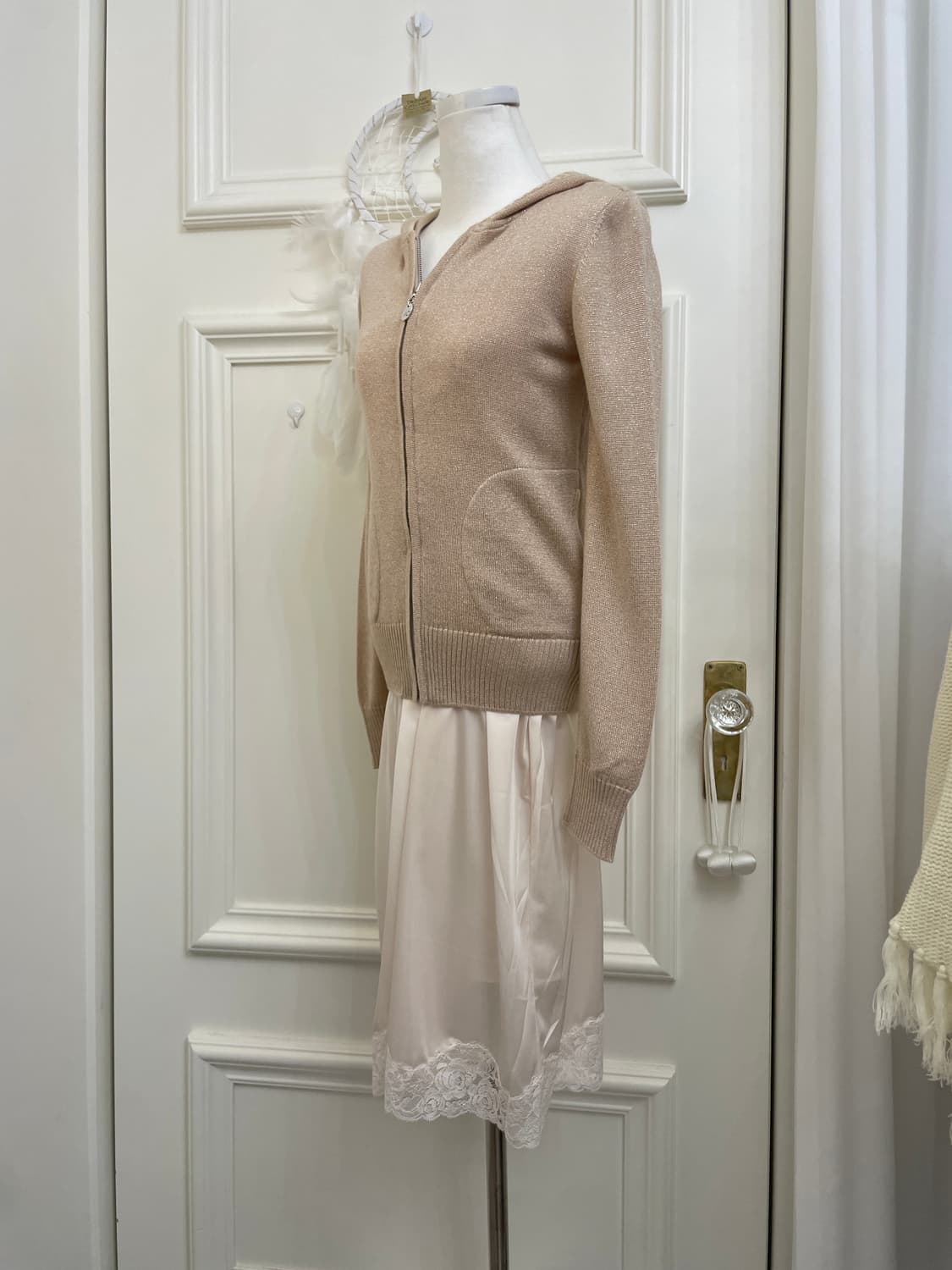 pink beige glitter pocket hoodie-zip 상품이미지3