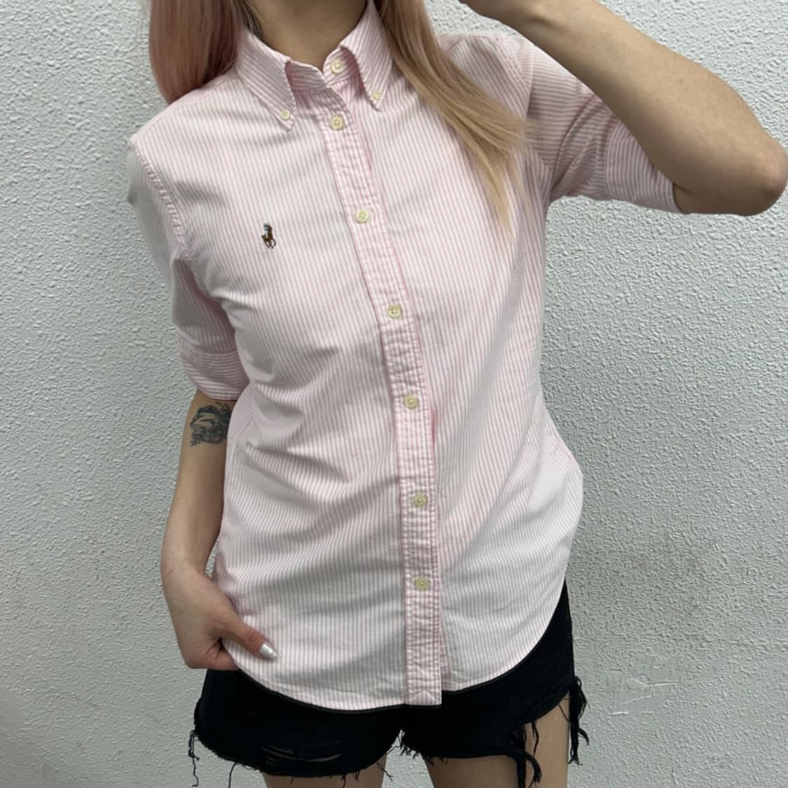폴로 랄프로렌 옥스포드 딸기우유맛 스트라이프 반팔 셔츠 S 상품이미지1