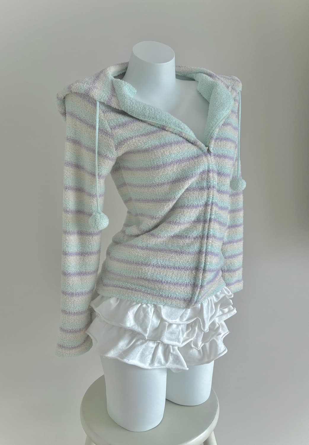 소다 코튼캔티 파스텔 폼폼이 스트라이프 후드집업 헤이세이 갸루 룸웨어 상품이미지2