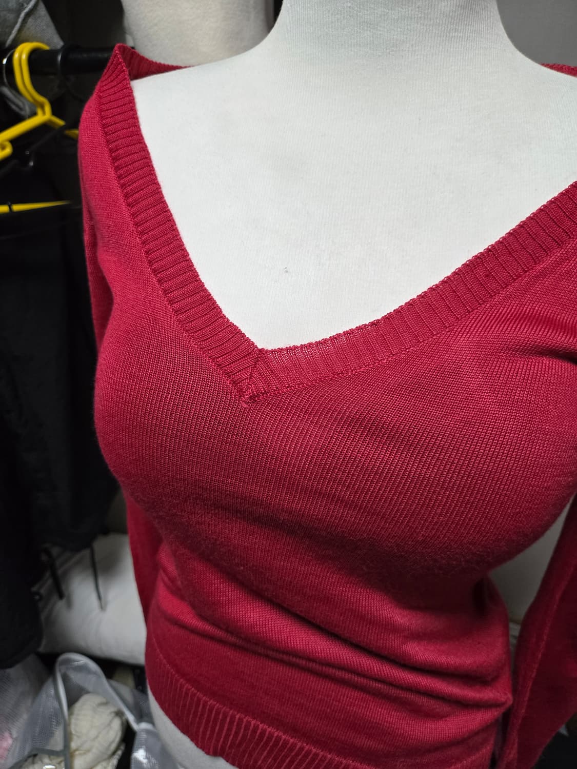 빈티지 딥브이넥 오프숄더 레드와인 니트 상품이미지2