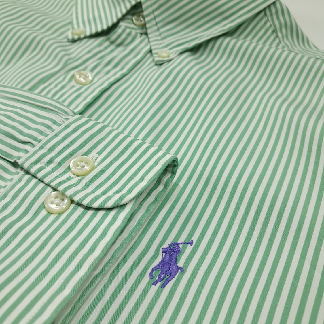 CL704 XL 폴로 90s 홍콩판 퍼플포니 스트라이프 그린 셔츠 상품이미지4