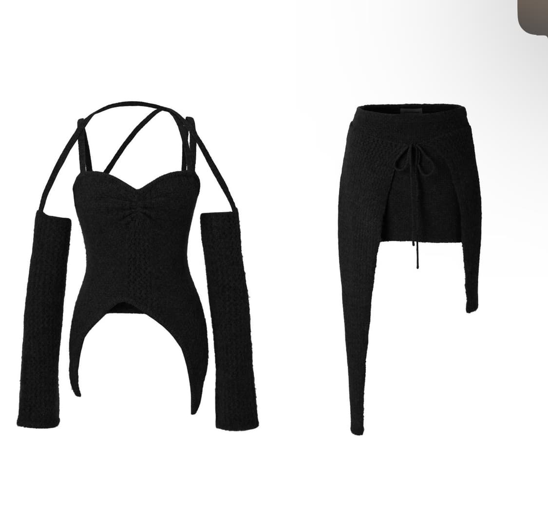 쓰리타임즈 쓰탐 루루 니트 탑 스커트 투피스 셋업 세트 블랙 상품이미지1