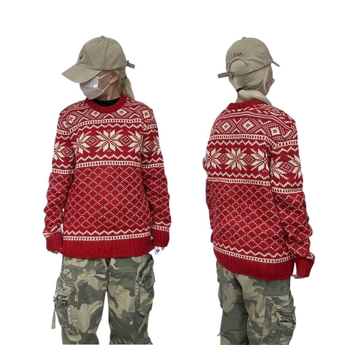 일본 빈티지 레드 노르딕 패턴 니트 XL 상품이미지1