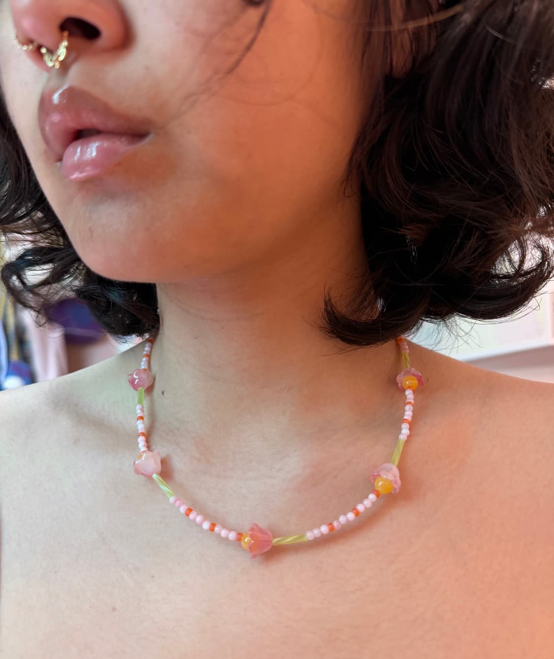 핸드메이드 봄꽃🌷비즈 목걸이(오렌지컬러) 상품이미지2