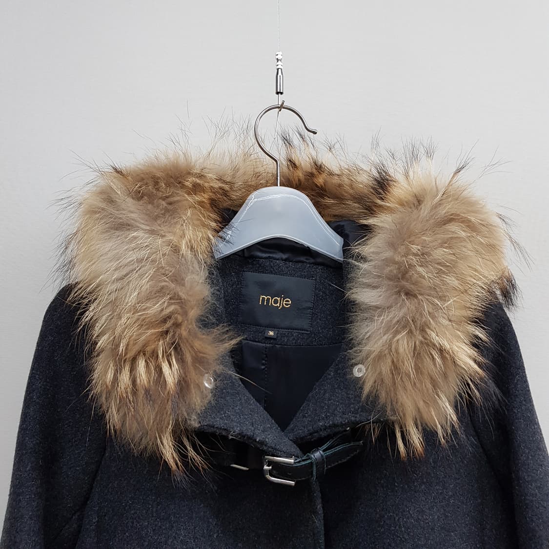 MAJE 마쥬 폭스퍼 후드 벨티드 더플 울 코트 36사이즈 상품이미지3